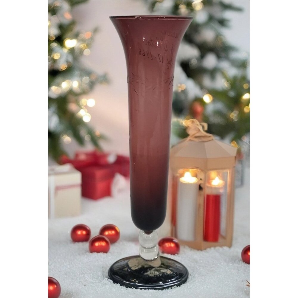 Amethyst Purple Glass 1968 Glows Gren 8" Bud Vase Pedestal Base Art Personalized